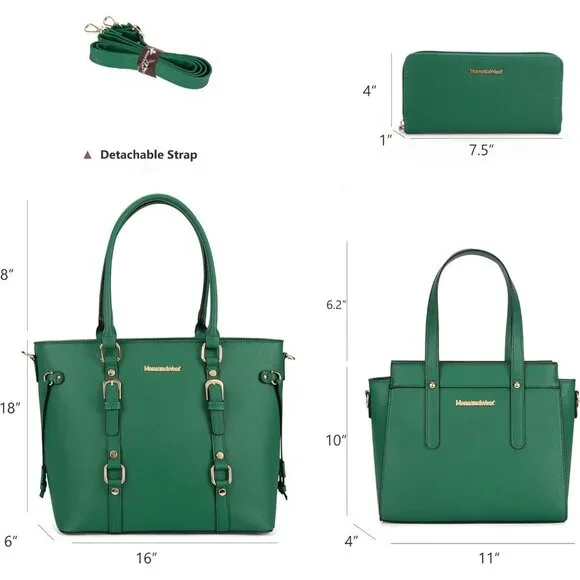 Women's Green 3PCS Purses Tote Wallet Shoulder Satchel Handbags Set - Picture 6 of 6